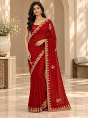 Vervee Couture Women Red Embellished Poly Georgette Saree with Semi-Stitched Designer Blouse