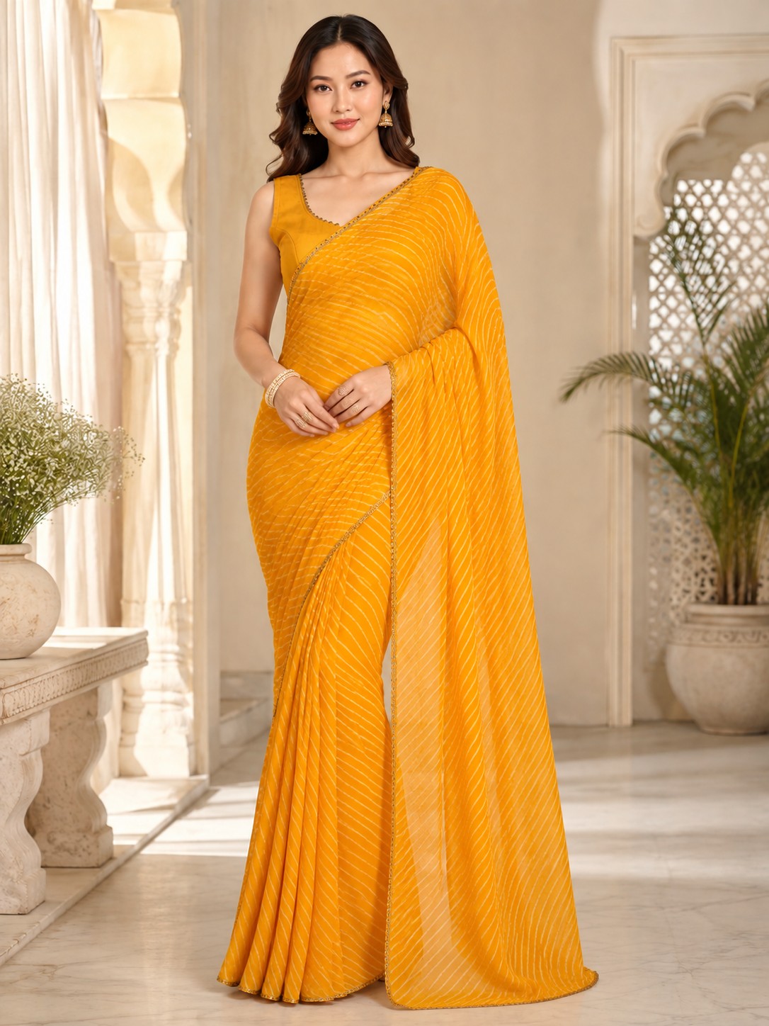 Vervee Couture Women Yellow Leheriya Georgette Saree with Semi-Stitched Blouse