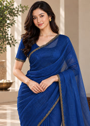 Vervee Couture Women Royal Blue Solid Tissue Saree