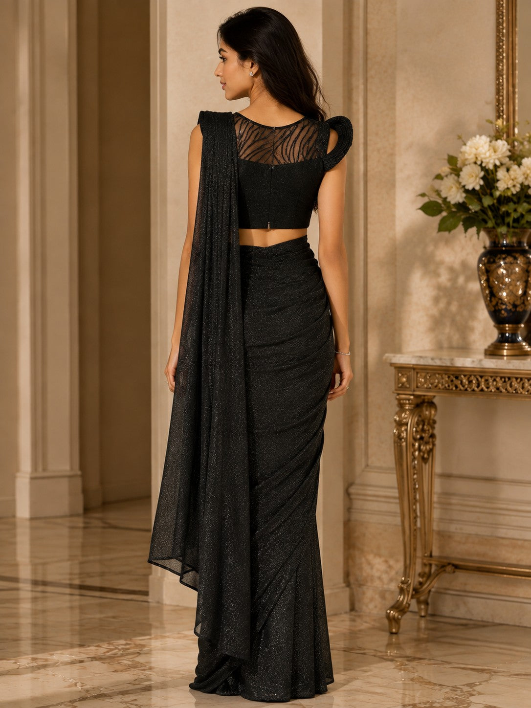 Vervee Couture Women Black Shimmer Ready to Wear Saree