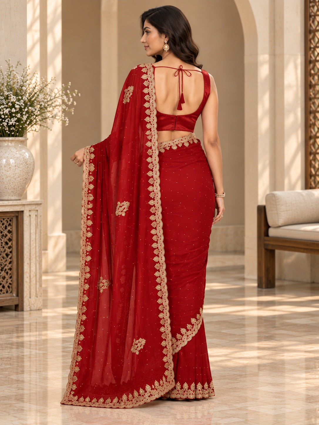Vervee Couture Women Red Embellished Poly Georgette Saree with Semi-Stitched Designer Blouse