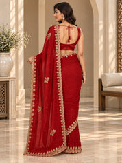 Vervee Couture Women Red Embellished Poly Georgette Saree with Semi-Stitched Designer Blouse