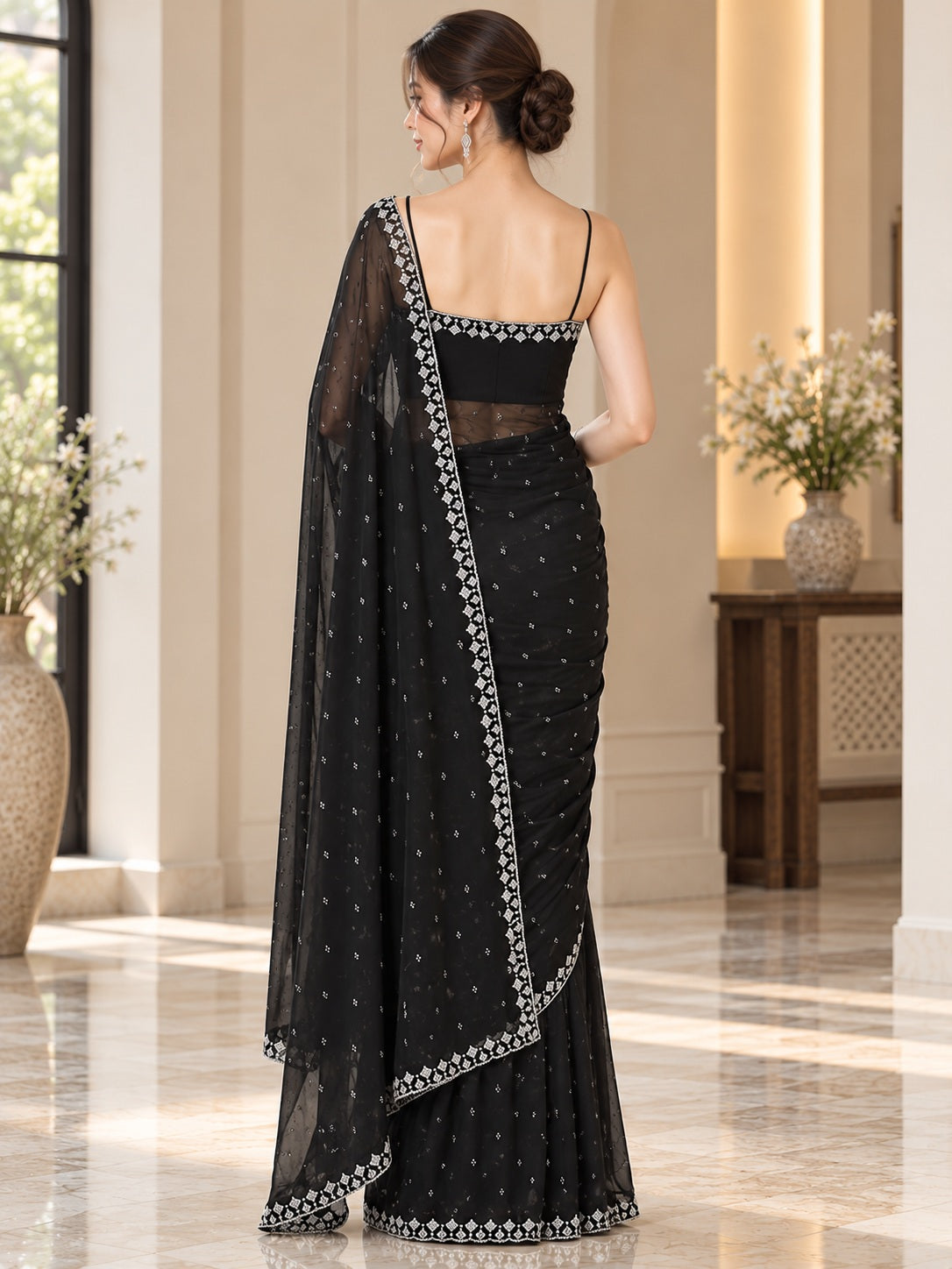 Vervee Couture Women Black Silver Embellished Poly Net Saree