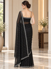 Vervee Couture Women Black Silver Embellished Poly Net Saree