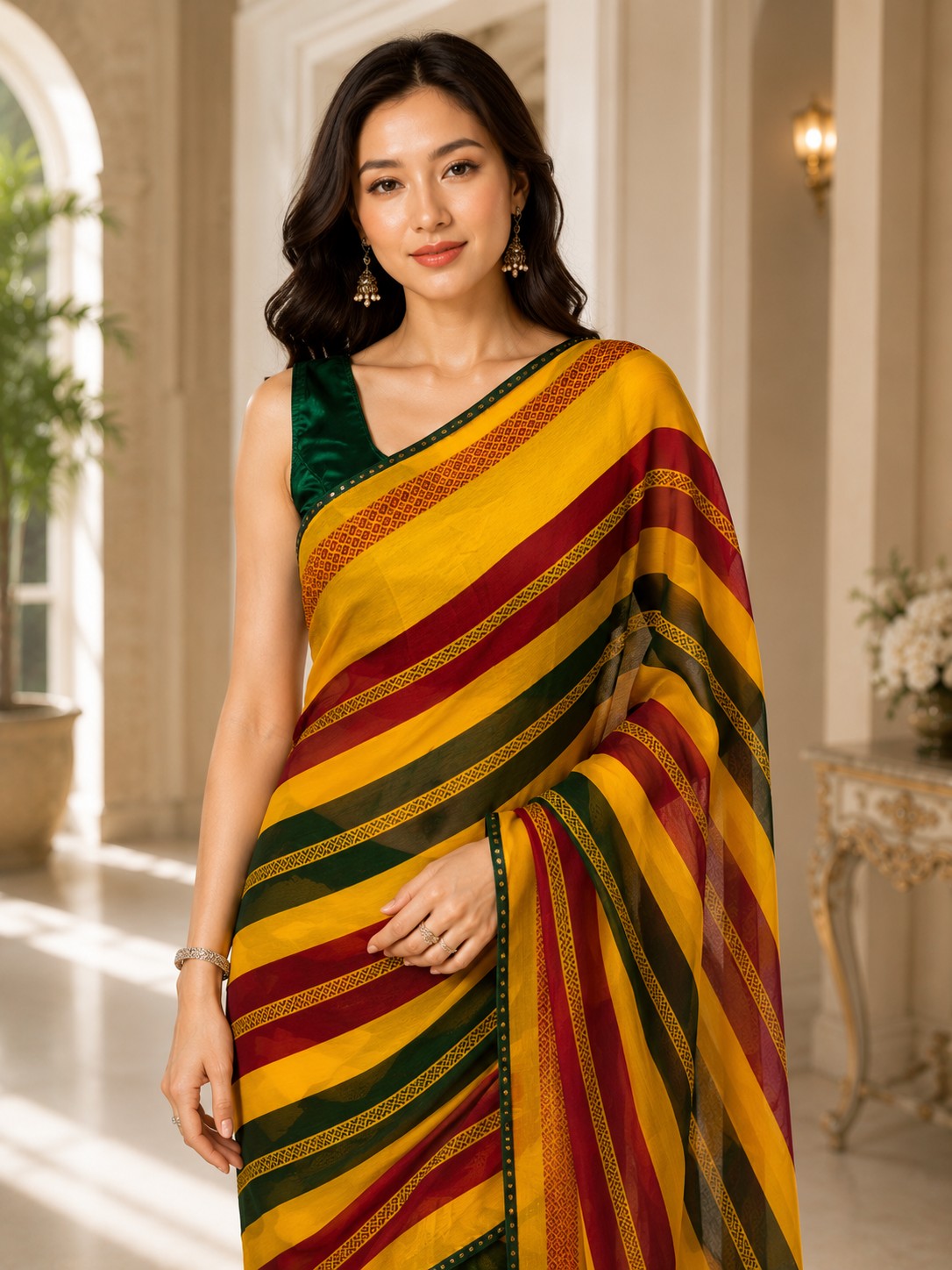 Vervee Couture Women Yellow Maroon & Green Striped Georgette Saree with Semi-Stitched Blouse
