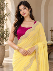 Vervee Couture Women Yellow Embellished Poly Georgette Saree with Semi-Stitched Designer Blouse