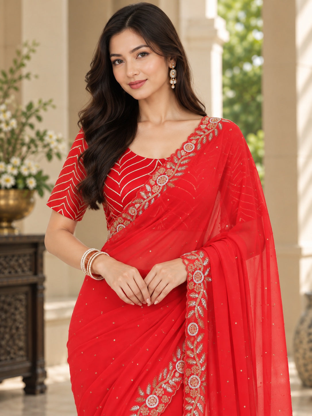 Vervee Couture Women Red Embellished Poly Georgette Saree with Semi-Stitched Designer Blouse