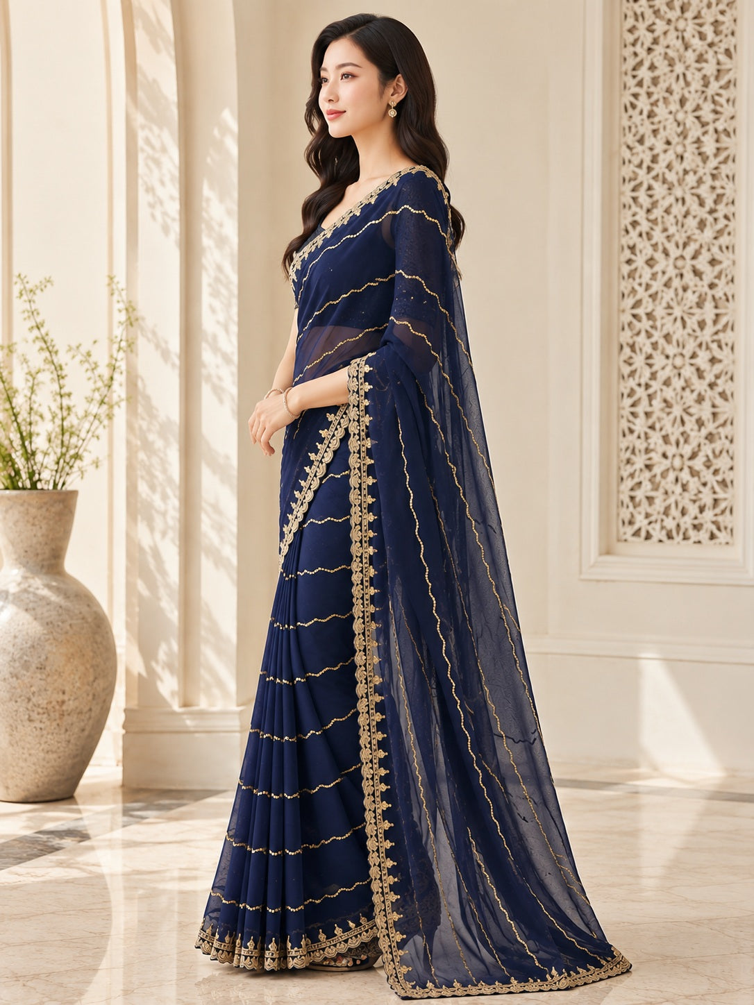 Vervee Couture Women Navy Blue Gold Embellished Poly Georgette Saree