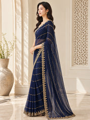 Vervee Couture Women Navy Blue Gold Embellished Poly Georgette Saree