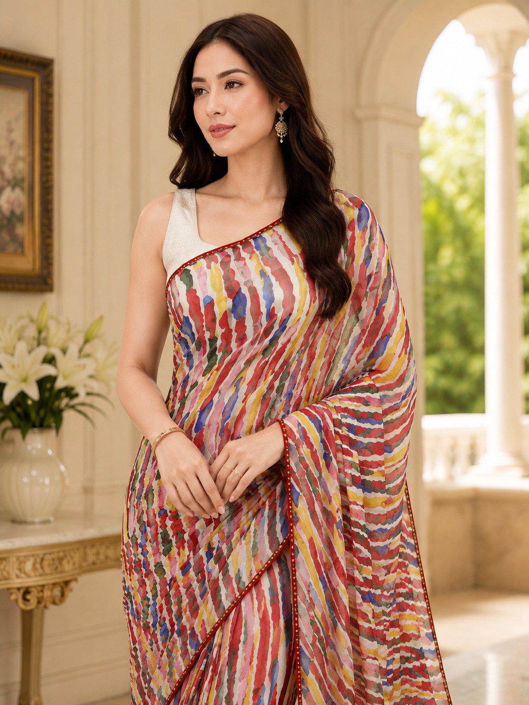 Women Off White Multicoloured Abstract Printed Georgette Saree with Semi-Stitched Blouse