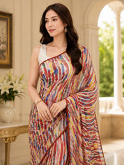 Women Off White Multicoloured Abstract Printed Georgette Saree with Semi-Stitched Blouse