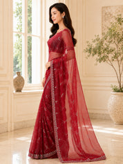 Vervee Couture Women Wine Embroidered Poly Net Saree