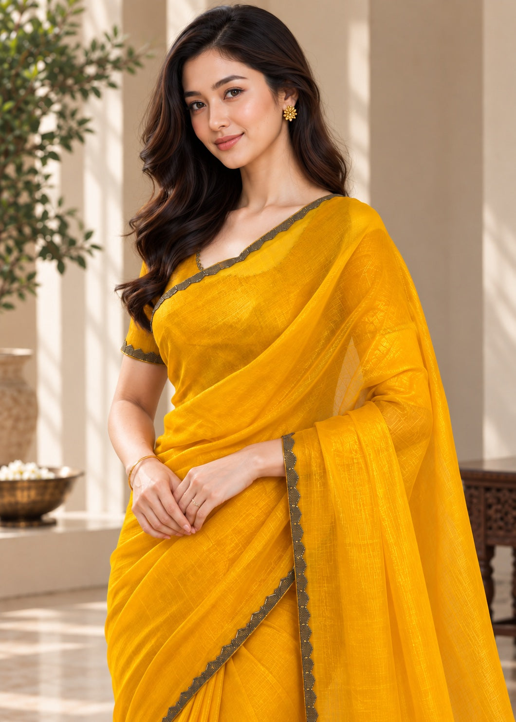 Vervee Couture Women Mustard Yellow Solid Tissue Saree