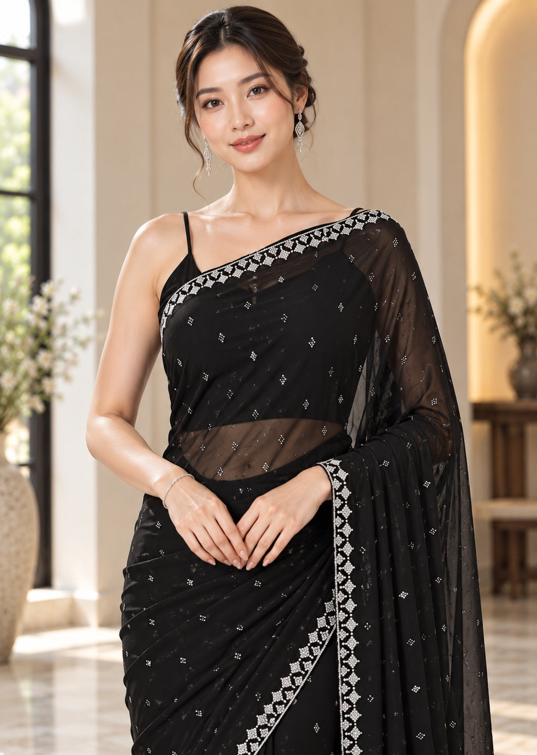 Vervee Couture Women Black Silver Embellished Poly Net Saree