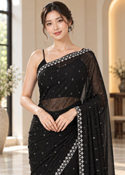 Vervee Couture Women Black Silver Embellished Poly Net Saree