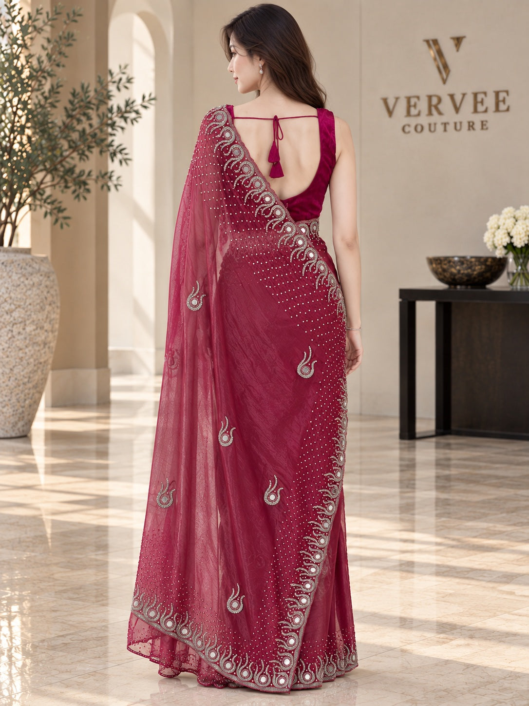 Vervee Couture Women Magenta Embellished Tissue Saree with Semi-Stitched Designer Blouse