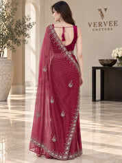 Vervee Couture Women Magenta Embellished Tissue Saree with Semi-Stitched Designer Blouse