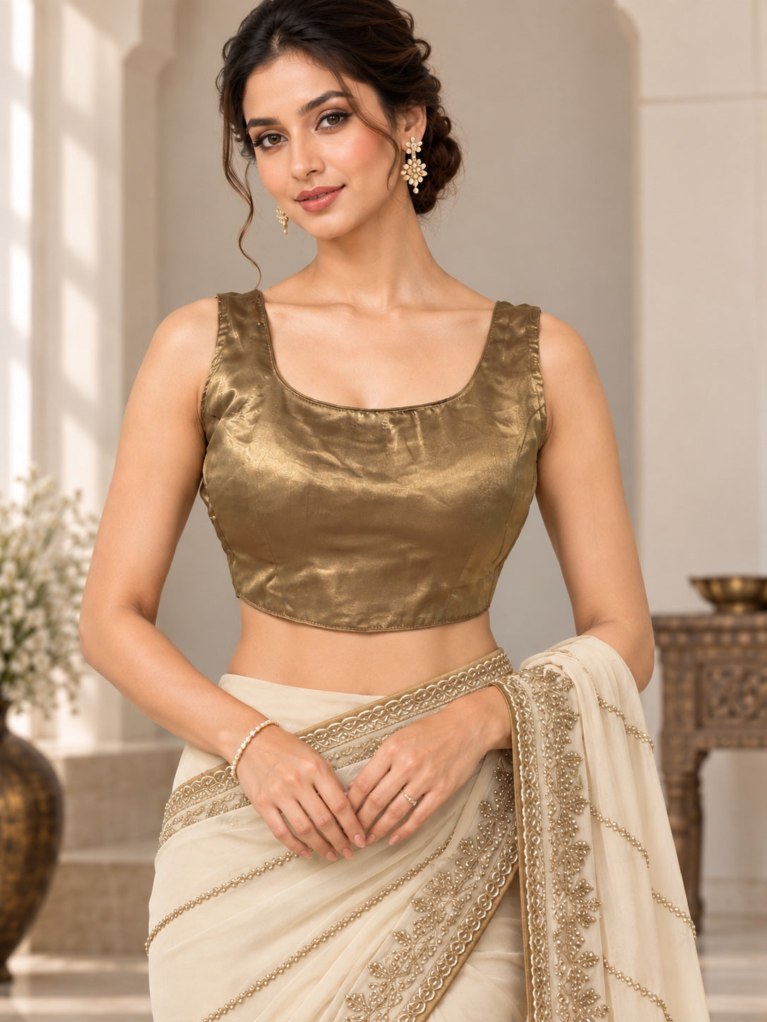 Vervee Couture Women Cream Embellished Poly Georgette Saree with Semi-Stitched Designer Blouse