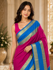Vervee Couture Women Pink & Blue Woven Design Zari Silk Blend Saree