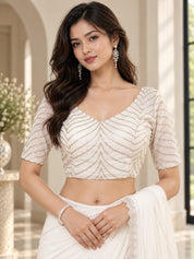 Vervee Couture Women Off White Embellished Poly Georgette Saree with Semi-Stitched Designer Blouse