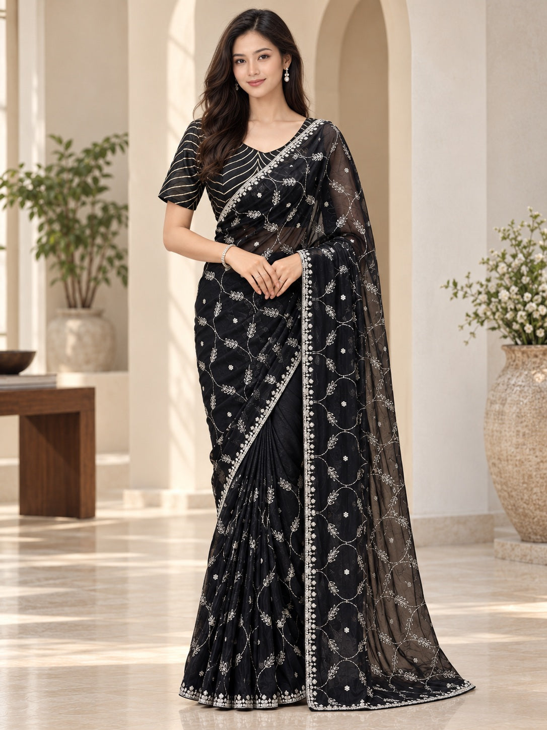 Vervee Couture Women Black Embroidered Net Saree with Semi-Stitched Designer Blouse