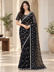 Vervee Couture Women Black Embroidered Net Saree with Semi-Stitched Designer Blouse