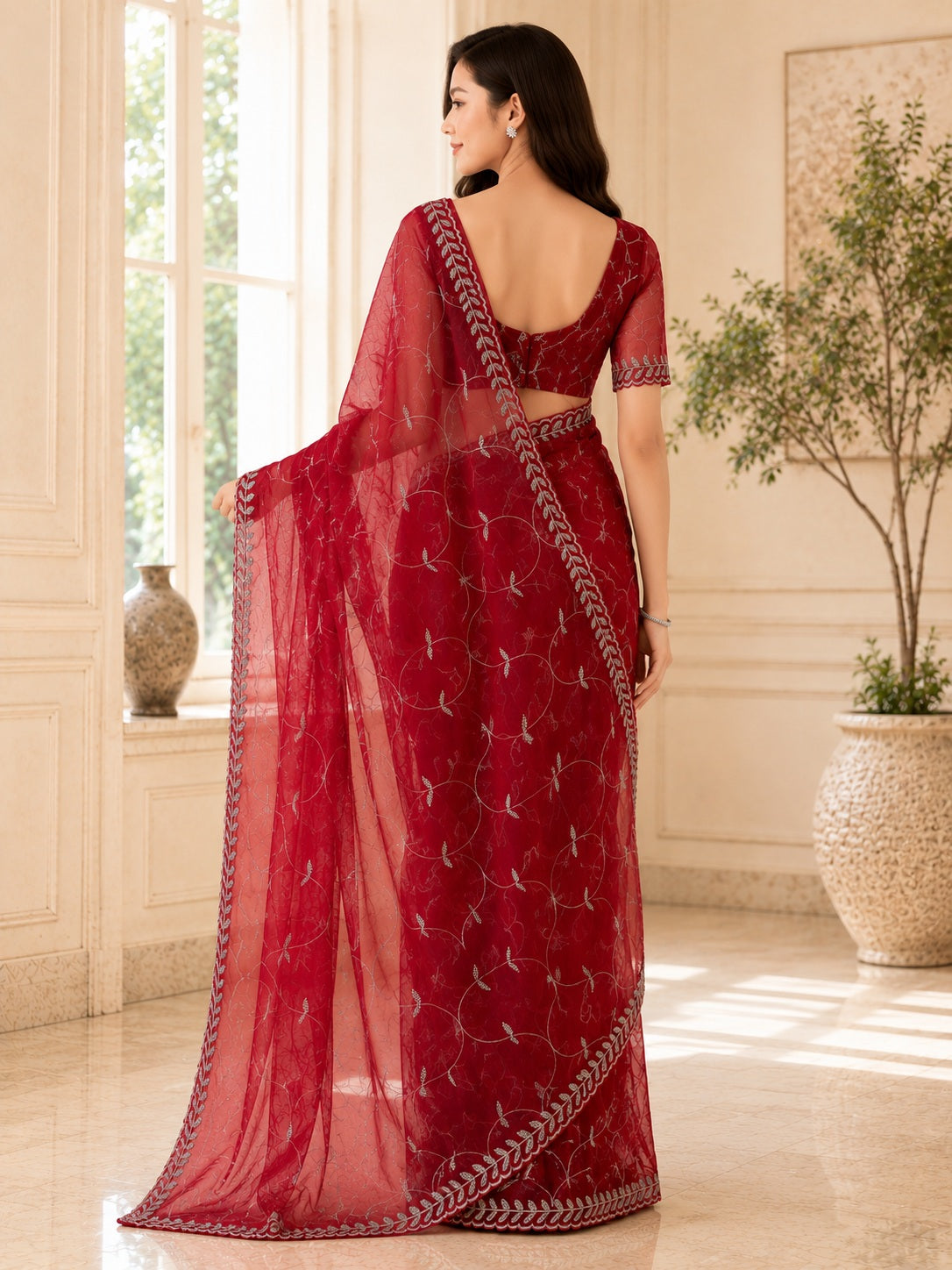 Vervee Couture Women Wine Embroidered Poly Net Saree