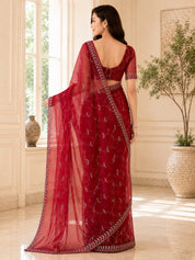 Vervee Couture Women Wine Embroidered Poly Net Saree