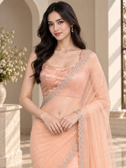 Vervee Couture Women Peach Embellished Net Saree with Semi-Stitched Designer Blouse