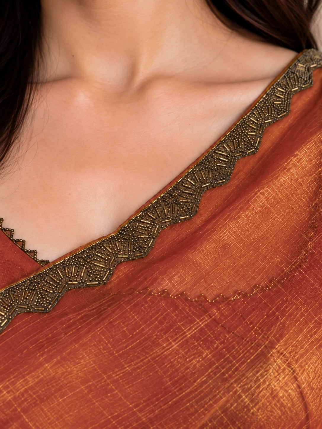 Vervee Couture Women Copper Solid Tissue Saree