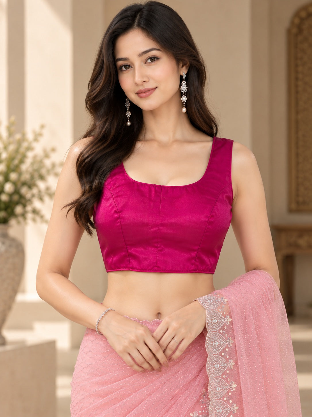 Vervee Couture Women Pink Embellished Net Saree with Semi-Stitched Designer Blouse