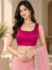 Vervee Couture Women Pink Embellished Net Saree with Semi-Stitched Designer Blouse