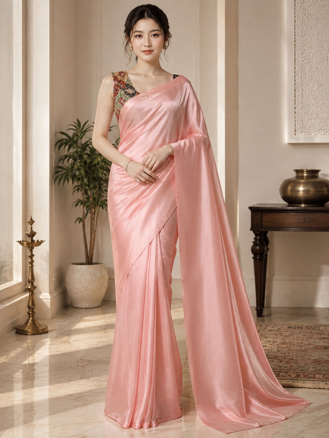 Vervee Couture Women Peach Pink Solid Satin Saree with Semi-Stitched Designer Blouse