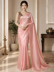 Vervee Couture Women Peach Pink Solid Satin Saree with Semi-Stitched Designer Blouse