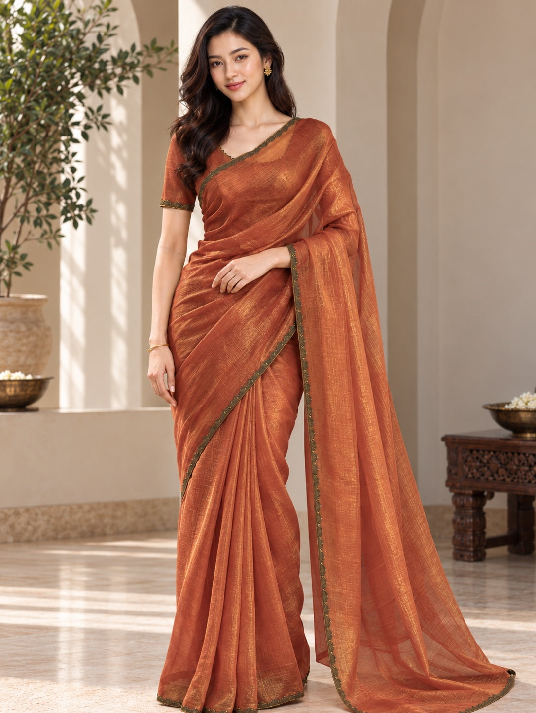 Vervee Couture Women Copper Solid Tissue Saree