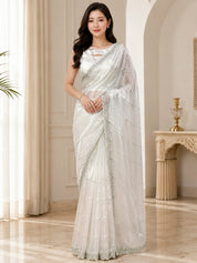 Vervee Couture Women White Embellished Organza Saree with Semi-Stitched Designer Blouse
