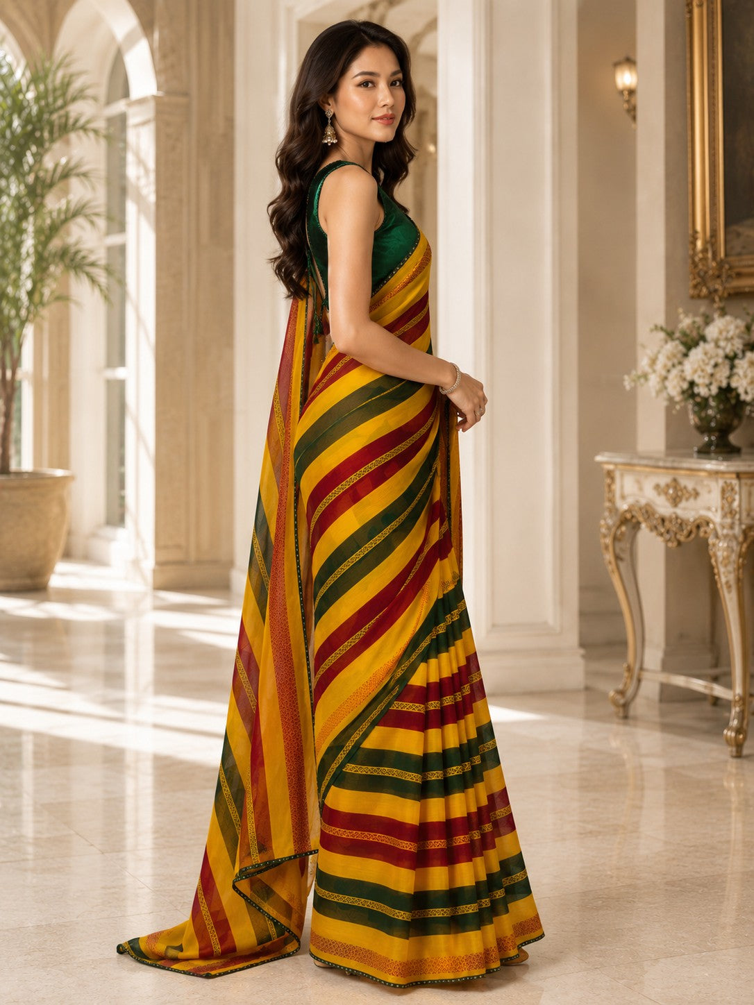 Vervee Couture Women Yellow Maroon & Green Striped Georgette Saree with Semi-Stitched Blouse