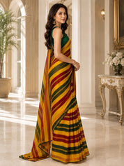 Vervee Couture Women Yellow Maroon & Green Striped Georgette Saree with Semi-Stitched Blouse
