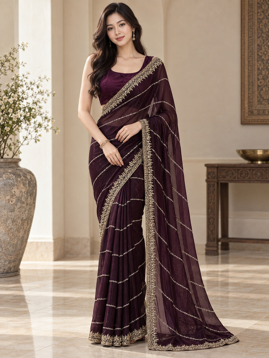 Vervee Couture Women Wine Embellished Poly Georgette Saree with Semi-Stitched Designer Blouse