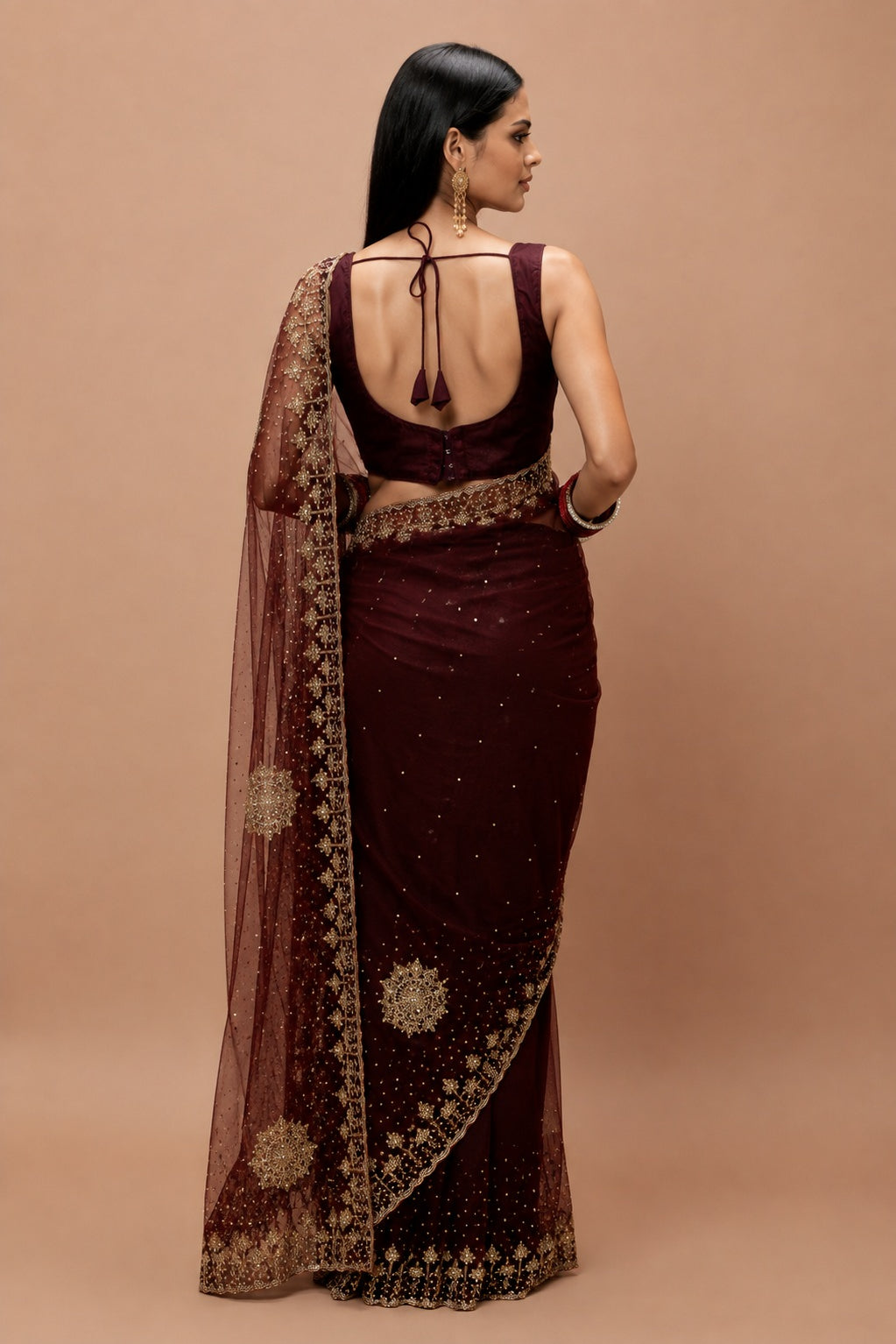 Vervee Couture Women Burgundy Embellished Net Saree with Semi-Stitched Designer Blouse