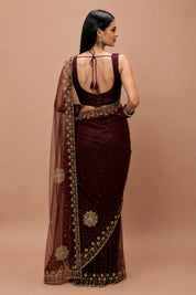 Vervee Couture Women Burgundy Embellished Net Saree with Semi-Stitched Designer Blouse