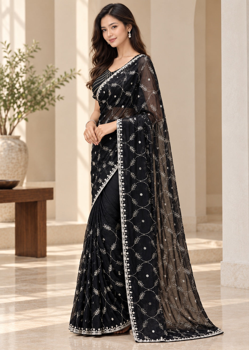 Vervee Couture Women Black Embroidered Net Saree with Semi-Stitched Designer Blouse