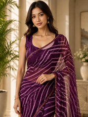 Vervee Couture Women Purple Leheriya Georgette Saree with Semi-Stitched Blouse
