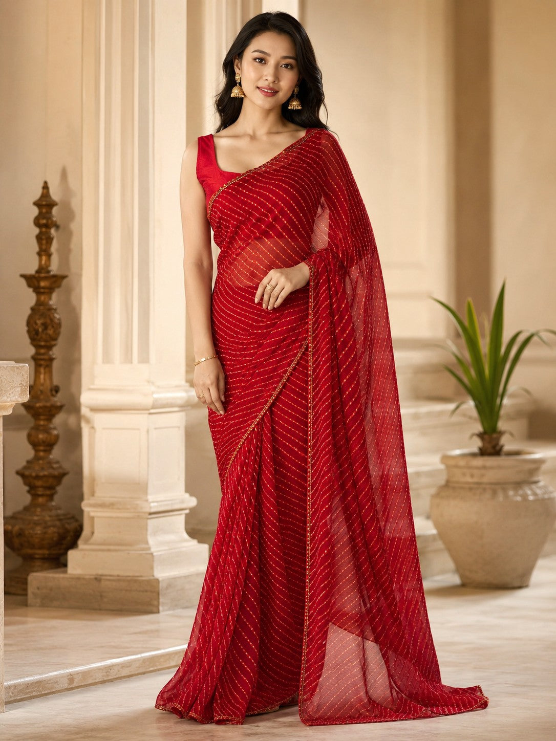 Vervee Couture Women Red Leheriya Georgette Saree with Semi-Stitched Blouse