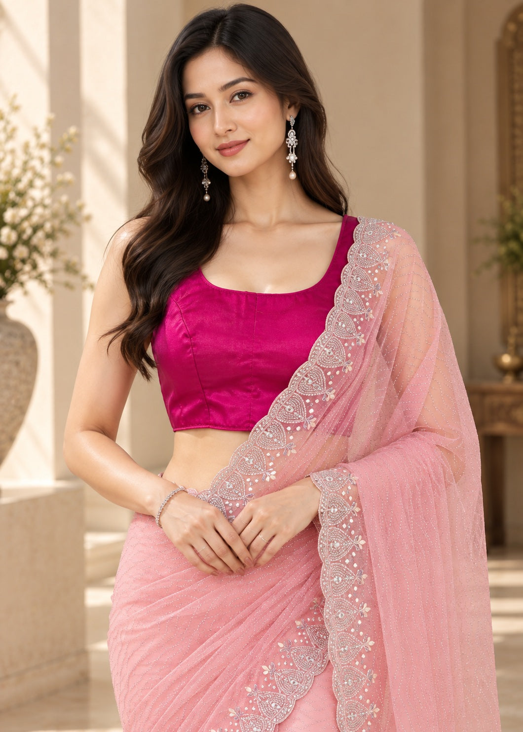 Vervee Couture Women Pink Embellished Net Saree with Semi-Stitched Designer Blouse