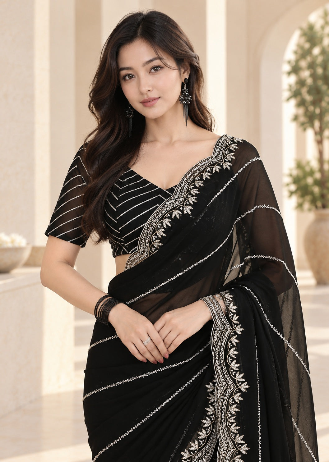 Vervee Couture Women Black Embellished Net Saree with Semi-Stitched Designer Blouse