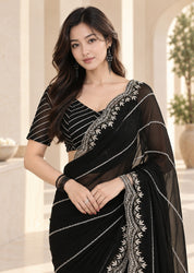 Vervee Couture Women Black Embellished Net Saree with Semi-Stitched Designer Blouse