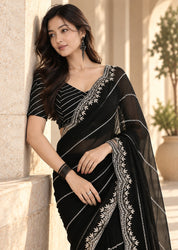 Vervee Couture Women Black Embellished Net Saree with Semi-Stitched Designer Blouse