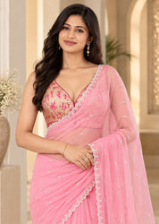 Vervee Couture Women Pastel Pink Embellished Net Saree with Semi-Stitched Designer Blouse