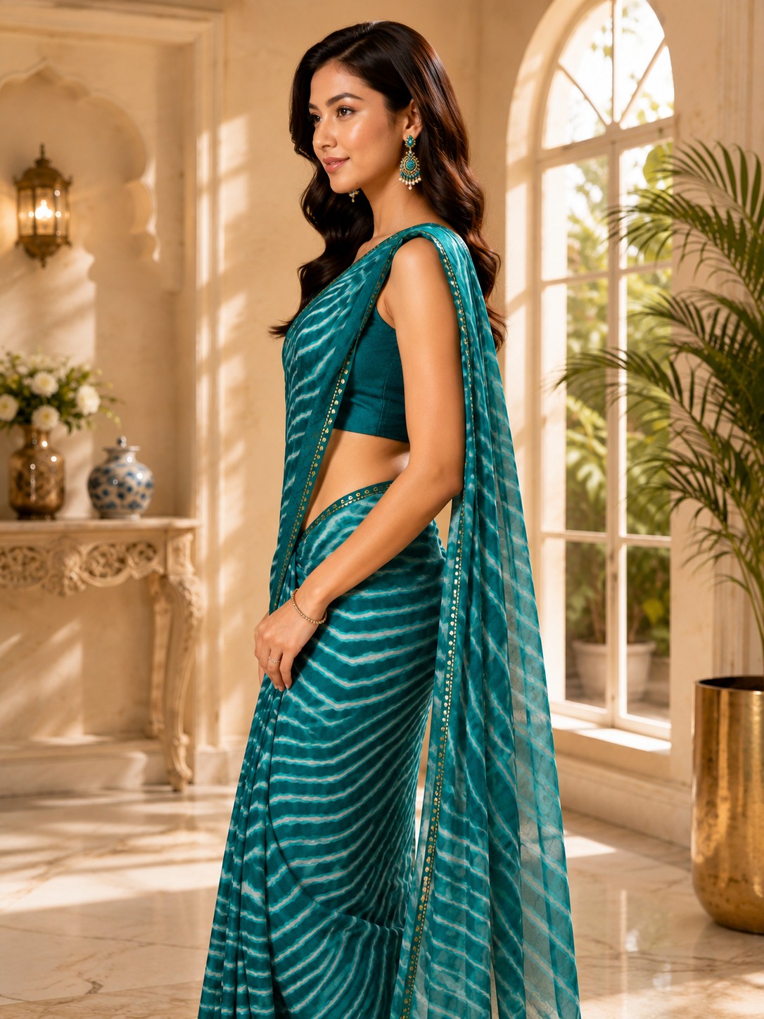 Vervee Couture Women Teal Leheriya Georgette Saree with Semi-Stitched Blouse